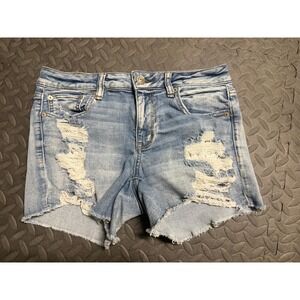 American Eagle Denim Shorts 8 Midi Distressed Lace Stretch Boho Western Womens